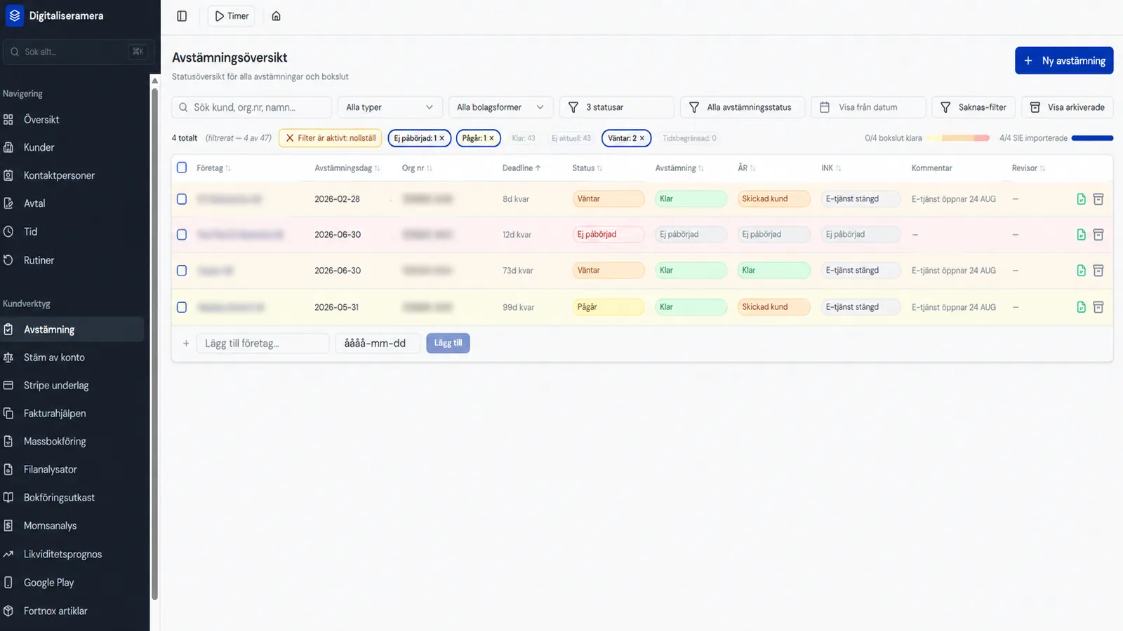 Screenshot of the reconciliation overview with status filters, deadlines and per client status
