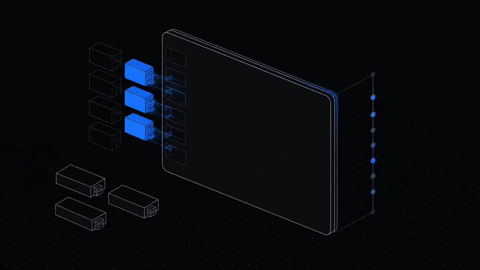 Illustration: a customer card where modules dock in one at a time with a timeline along the edge