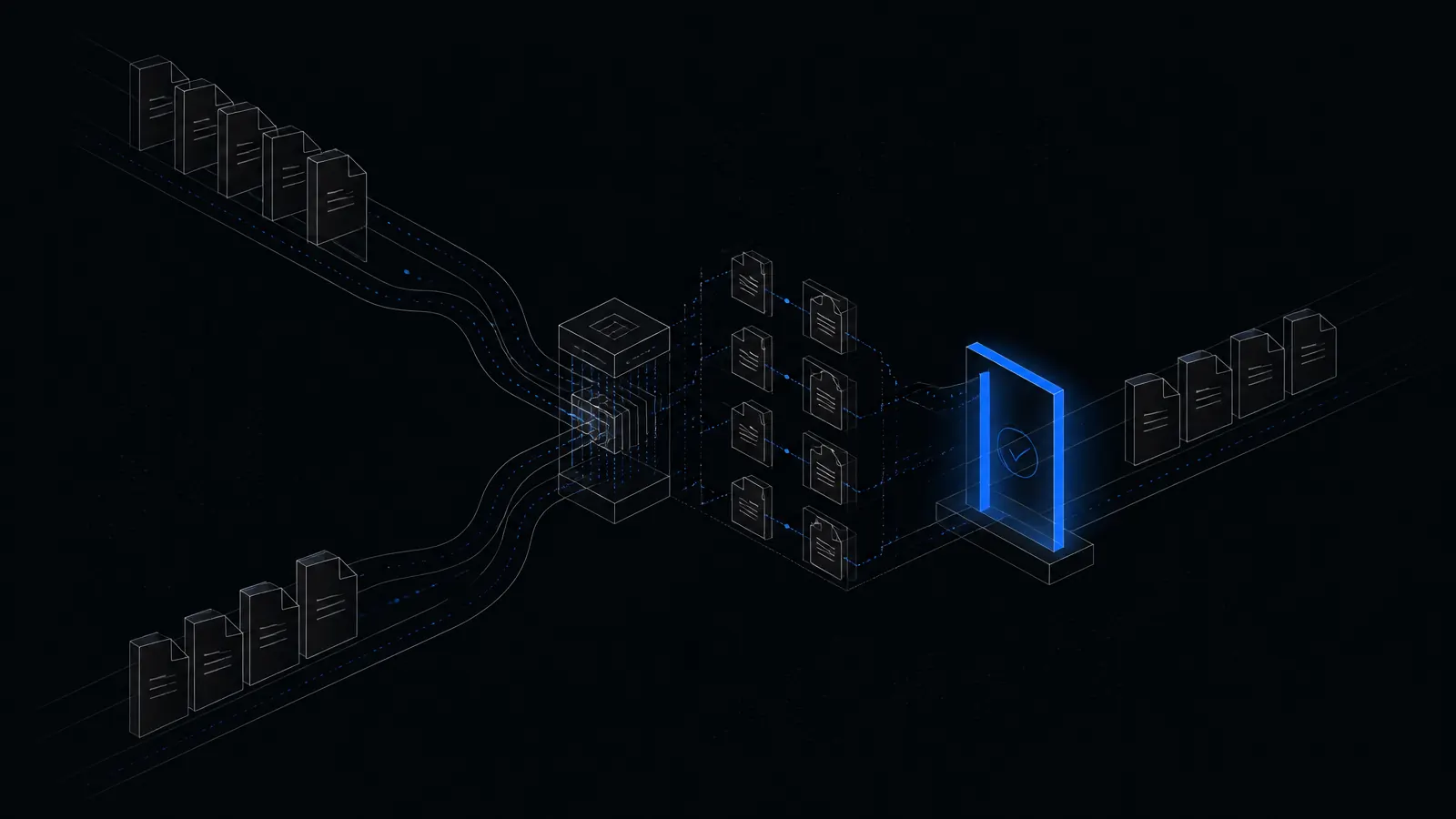 Illustration: documents flowing into a system, matched in pairs and passing an approval gate