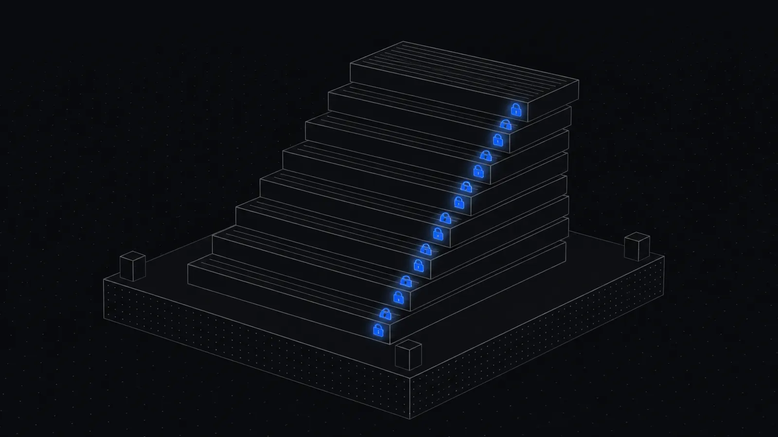 Illustration: a ledger where entries lock in sequence on a foundation that holds the rule