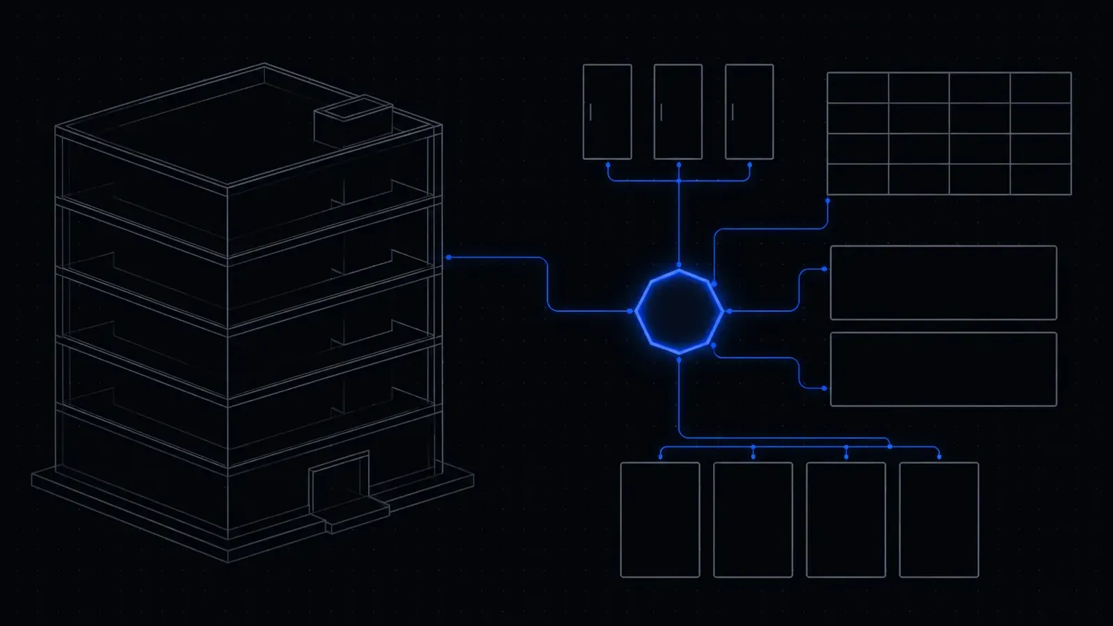 Technical illustration: a building with doors, room bookings, screens and invoicing connected into one hub