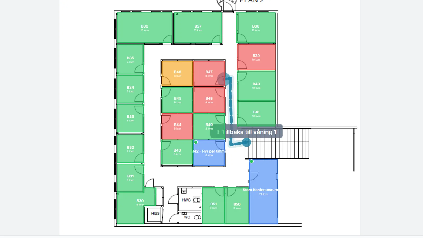Screenshot: interactive floor plan of level 2 where each room is coloured by status and a route runs through the corridor