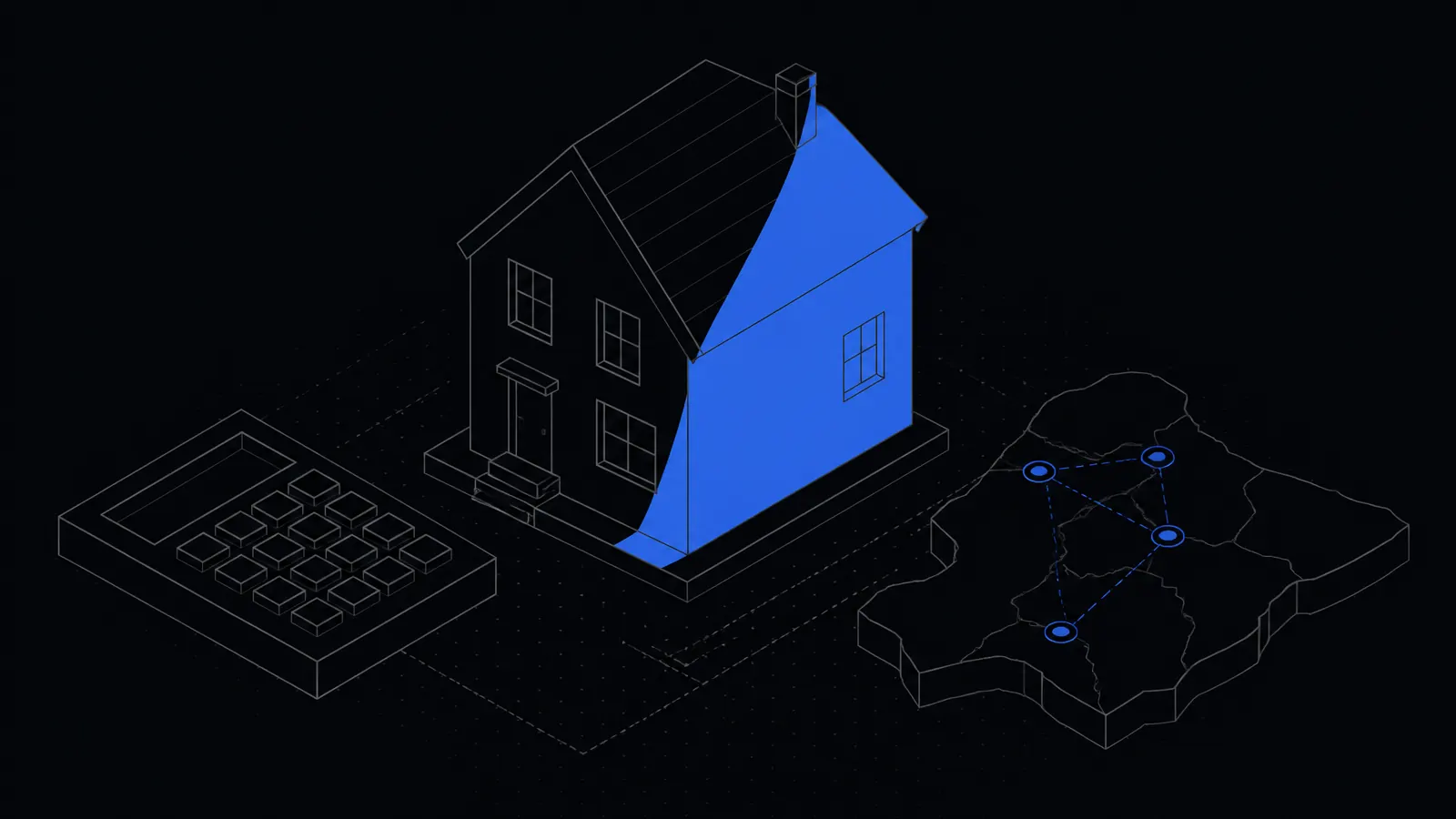 Illustration: a house facade being covered in colour, a calculator estimating and a map region