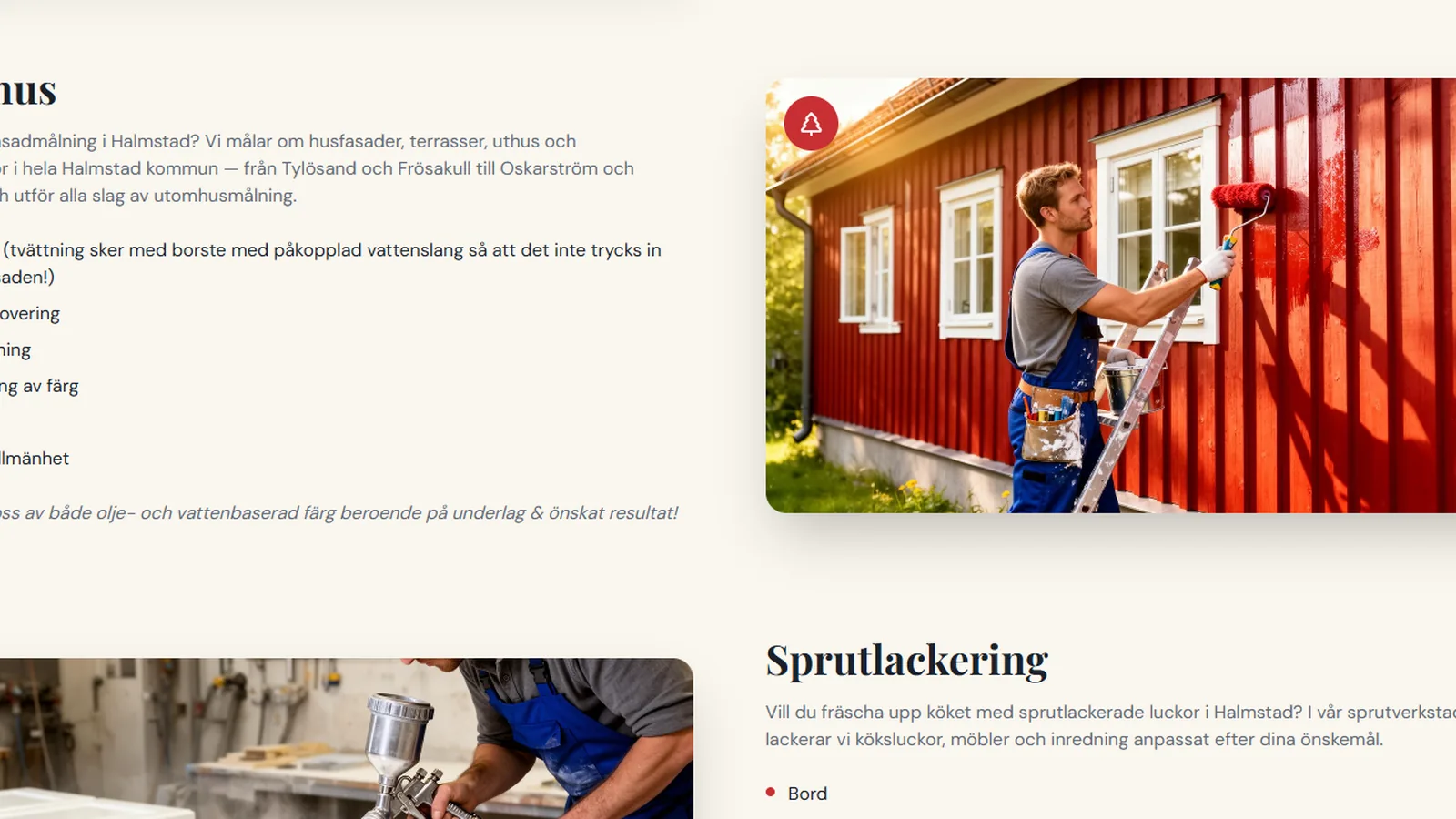Skärmbild från sajtens tjänstesidor med utomhusmålning och sprutlackering