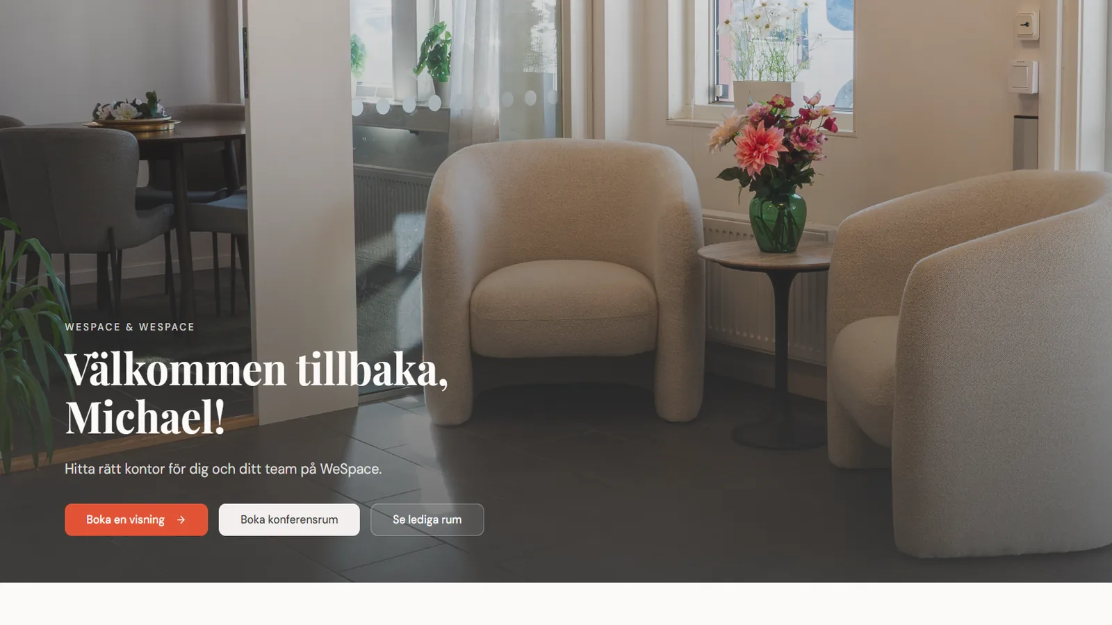 Inloggad startvy på WeSpace.se med personlig hälsning och val för visning, konferensrum och lediga rum